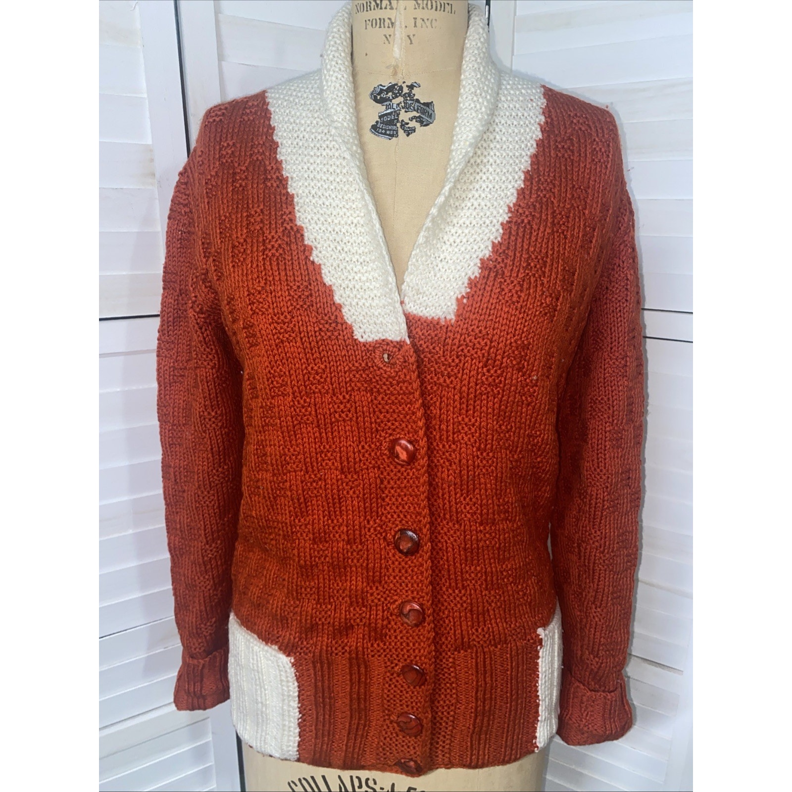 Vintage Handmade Hand Knit Cardigan Sweater Cardigan Scarf Granny Usa Sz Med